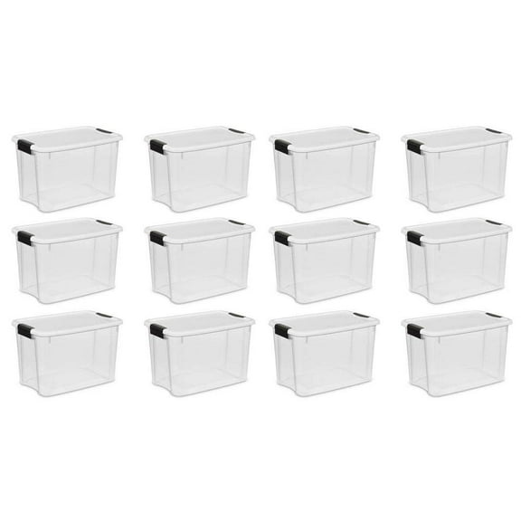 30 Qt. Ultra-Latch Storage Box with White Lid and Clear Base (12-Pack)