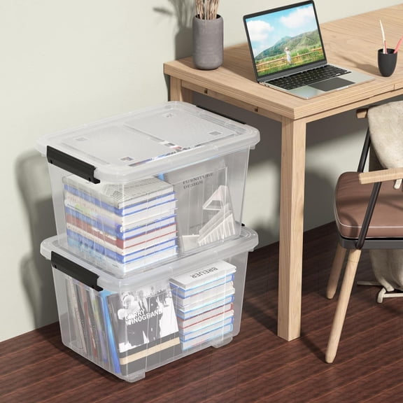 30 Quart Clear Storage Bins with Wheels and Latches - Stackable Plastic Organizer Boxes for Clothes Toys, 4 Pack