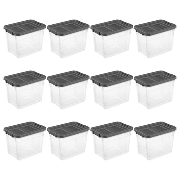 30 Quart Plastic Stacker Box, Lidded Storage Bin Container for Home and Garage Organizing, Shoes, Tools, Clear Base & Gray Lid, 12-Pack