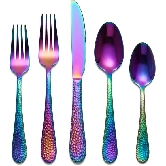 30- Rainbow Hammered Stainless Steel Flatware Set | Iridescent Silverware Set for 6, Heavy Duty, Mirror Polish, Rust-Resistant