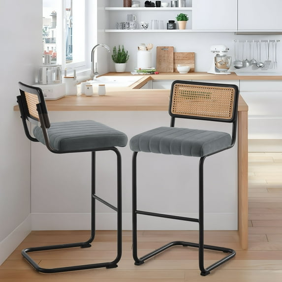 30" Rattan Counter Height Bar Stools, Set of 2, Velvet Armless Bar Stools with Cane Back Mid Century Modern Chair for Home Office Kitchen Island