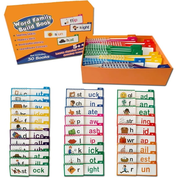 30 Read and Rhyme Flip Books, Reading Flip Book, Word Family Build Book, ABC Vocabulary Flash Cards for Educational Reading Games (1Set)