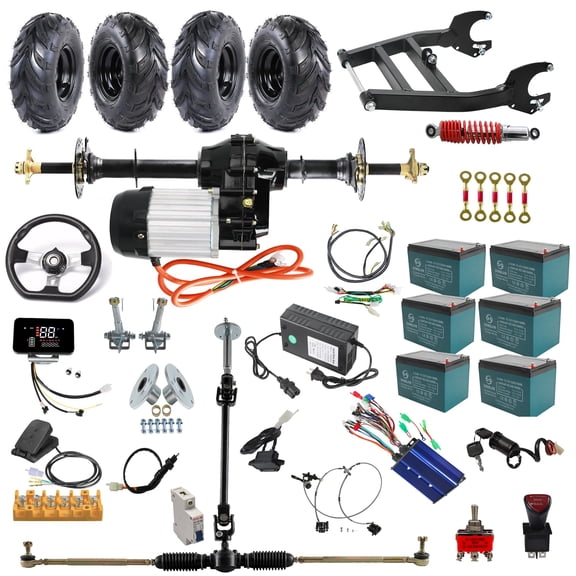 30" Rear Axle Kit 72V 1500W Electric DC Brushless Motor with Differential Gearbox, Controller,4x145/70-6 Wheels, Brake, Steering, Display,Swingarm DIY Go Kart ATV Quad Trike Golf Cart Kit