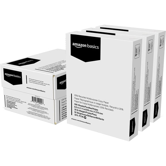 30% Recycled Multipurpose Copy Printer Paper, 8.5 x 11 Inches, 20 lb, 3 Ream, (1,500 Sheets), 92 Bright, White