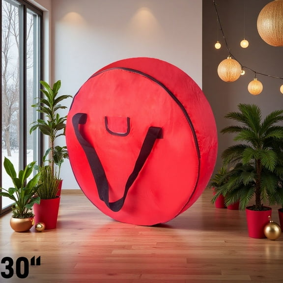 30" Red Wreath Storage Box, Waterproof & Dust-Proof Christmas Decoration Storage with Sturdy Handles, Heavy-Duty Protection for Garage, Attic, Basement