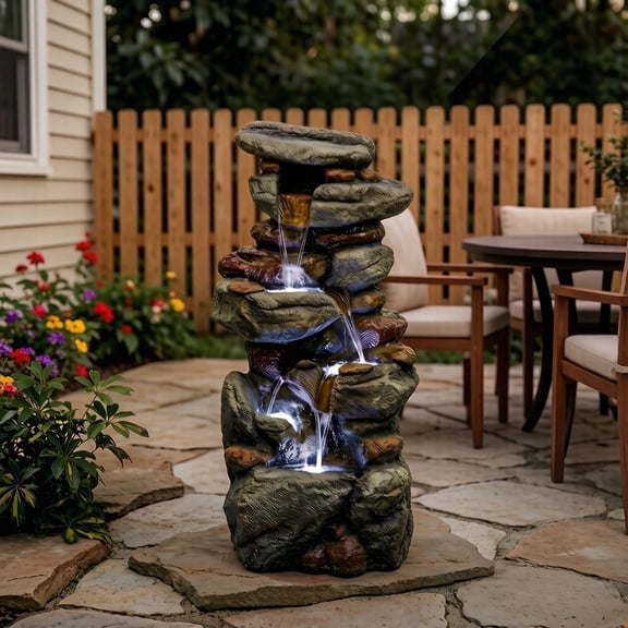 30" Resin Stacked Stone Water Fountain with LED Light, Large Outdoor Cascading Waterfall Feature, Multi-Tier Slate Rock Decor for Patio, Garden, Backyard, Deck & Entryway