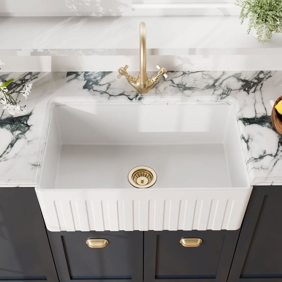 Nuie Kitchen Sink 30 inch Single Bowl Apron Fluted Front Farmhouse Sink, Central Waste Position, Fireclay Ceramic Kitchen Sinks - 30x18x10" (White)