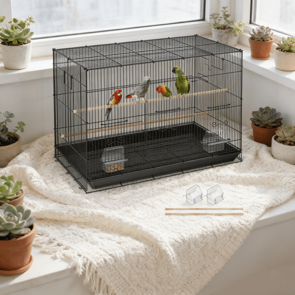 30" Rolling Metal Bird Cage for Parakeets, Cockatiels & Small Parrots