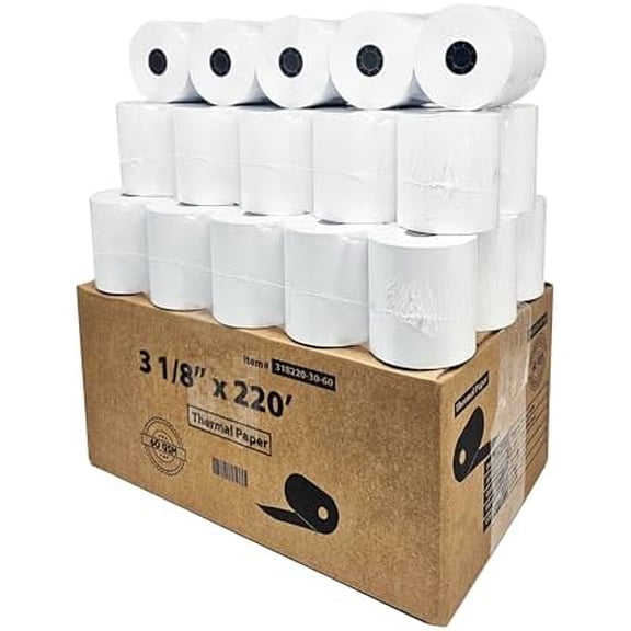 (30 Rolls - 60 GSM Heavy Thermal) 3 1/8 x 220 Thermal Paper Receipt Rolls fits all Clover POS Cash Register Printers, Star Micronics SCP700 TSP100 TSP300 TSP400 from$$Office
