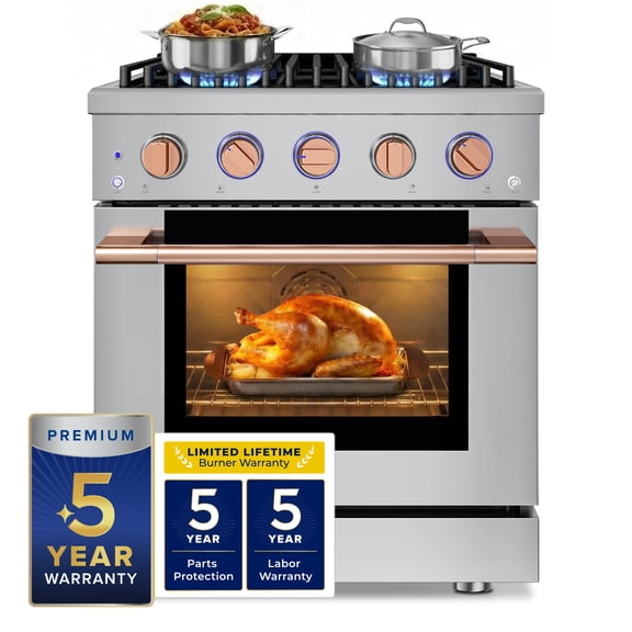 30" Rose Gold Gas Range 4 Burners (20,000 BTU) 4.2 cu.ft Convection Oven 5 Racks Convertible NG/LP