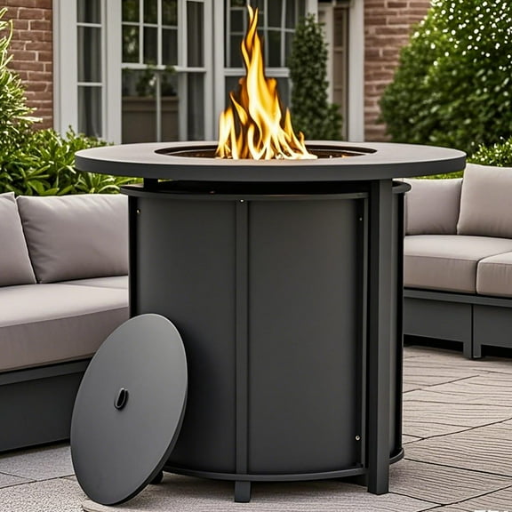 30" Round 50000 BTU Propane Gas Fire Pit Table with Glass Beads, Metal Lid and Protective Cover, Marble Tile Tabletop