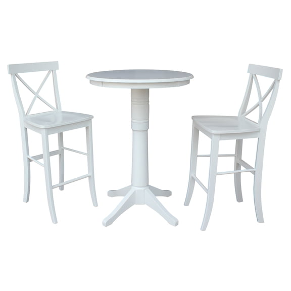 30" Round Bar Height Table and 2 X-back Stools - White - 3 Piece Set