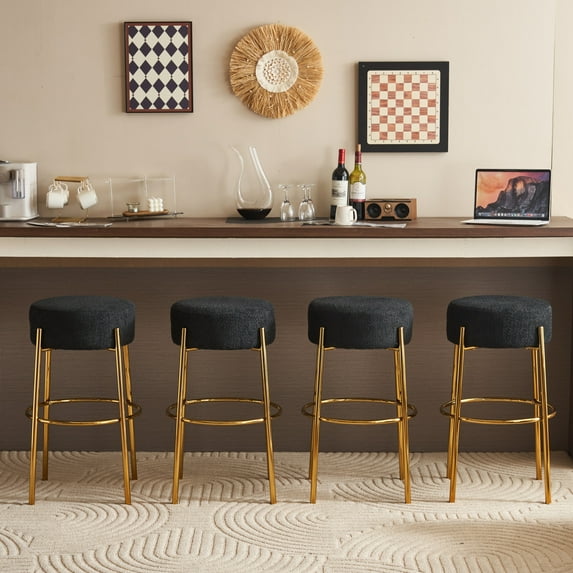 30" Round Bar Stools Set of 2,Counter Height Stools with Teddy Fabric Upholstered,Backless Kitchen Island Stools,Backless Dining Seat with Metal Base, Black&Golden