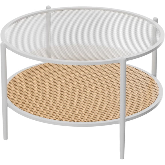 30" Round Coffee Table with 2-Tier Rattan Shelf & Water-Wave Glass Top, Boho End Table with Metal Frame for Living Room or Office
