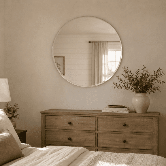 30" Round Frameless Bathroom Mirror, Beveled Edge Circle Vanity Mirror with Solid Backing for Over Sink, Entryway, Fireplace