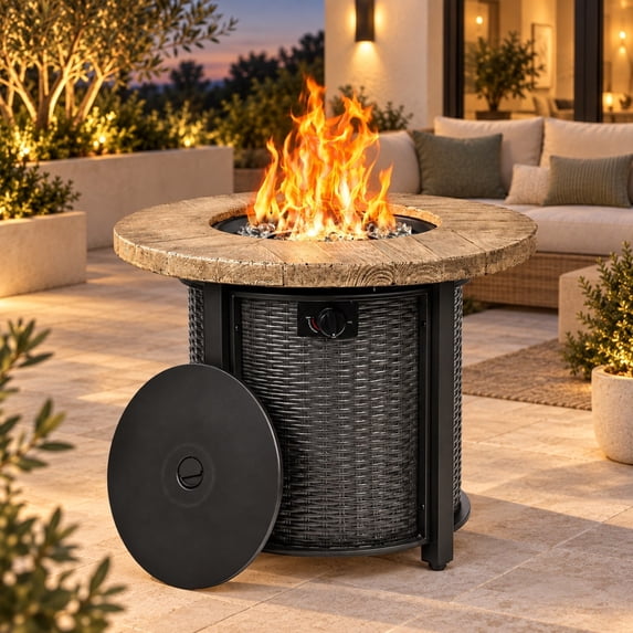 30" Propane Fire Pit Table, SHINPT 50000 BTU Outdoor Fire Pit with Lid and Lava Rock, Outdoor Fire Table for Backyard, Garden, Gas Fire Pit for Outside, Patio, Add Ambience to Gatherings