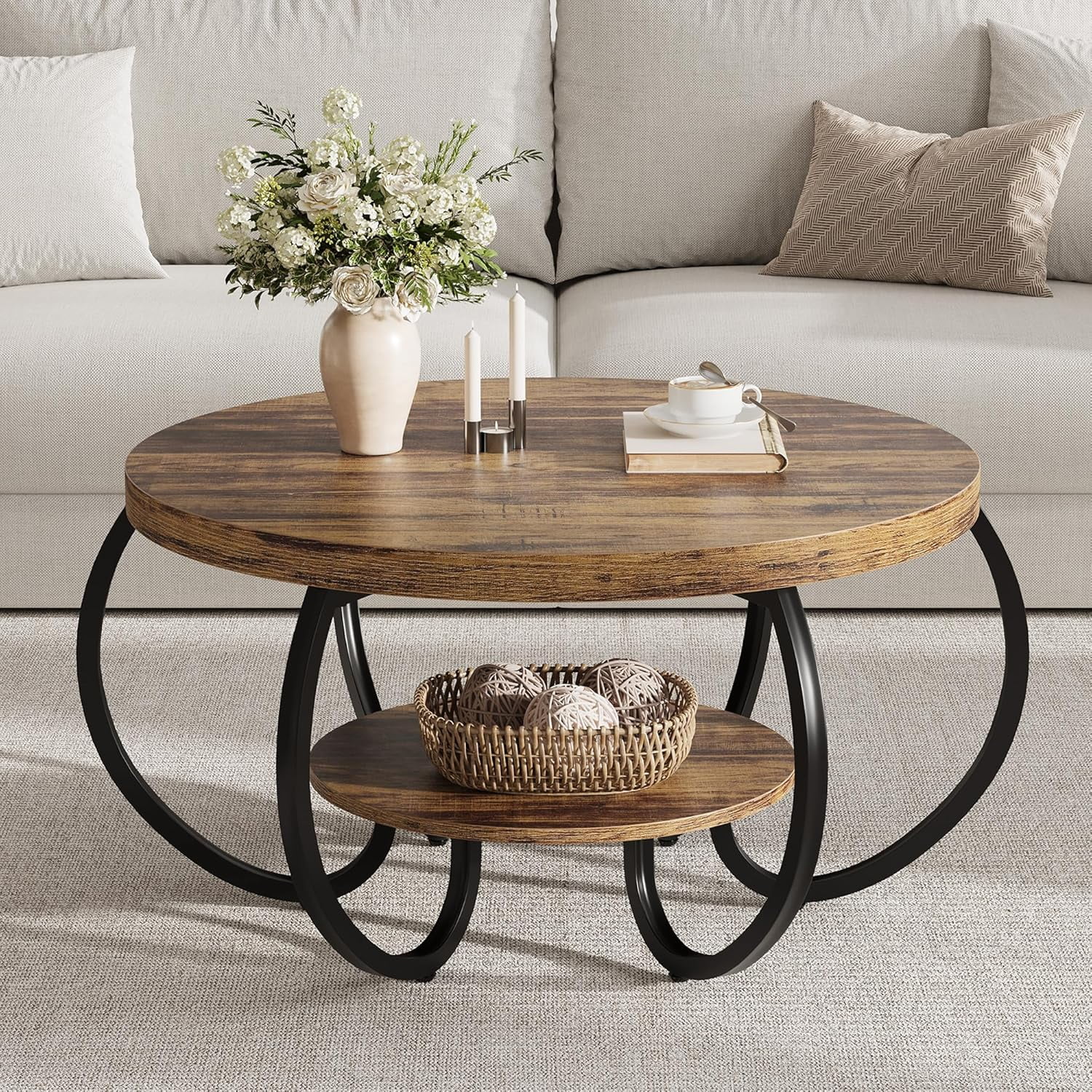 30"Round Industrial Coffee Table with 2-Tier Storage Shelves,Living ...