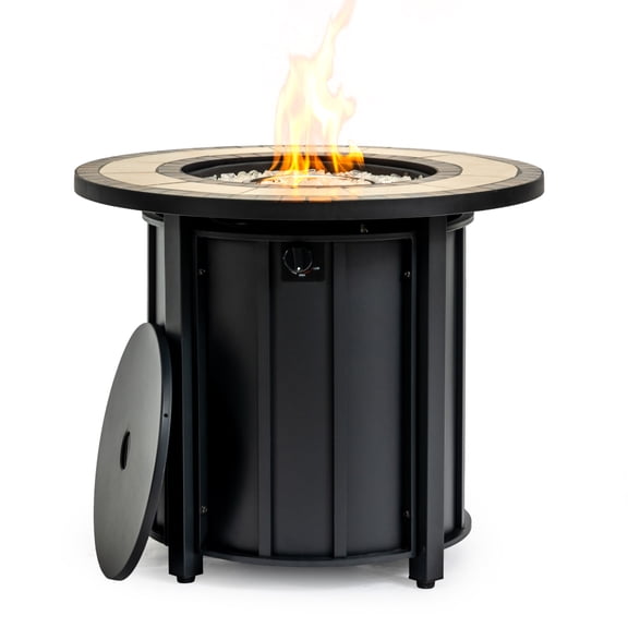 30" Round Mosaic Ceramic Fire Pit Table - 50,000 BTU Black Steel Design for Patio & Backyard