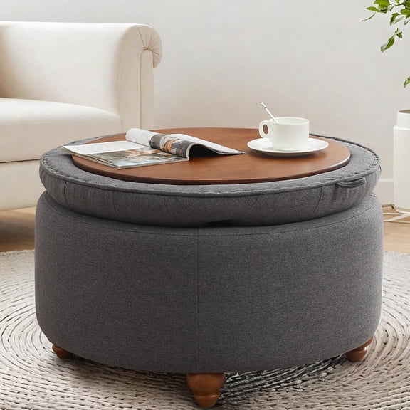 30'' Round Ottoman Coffee Table with Storage, Upholstered Tufted Ottoman with Flip Tray, Solid Wood Legs for Living Room, Bedroom, Dark Grey