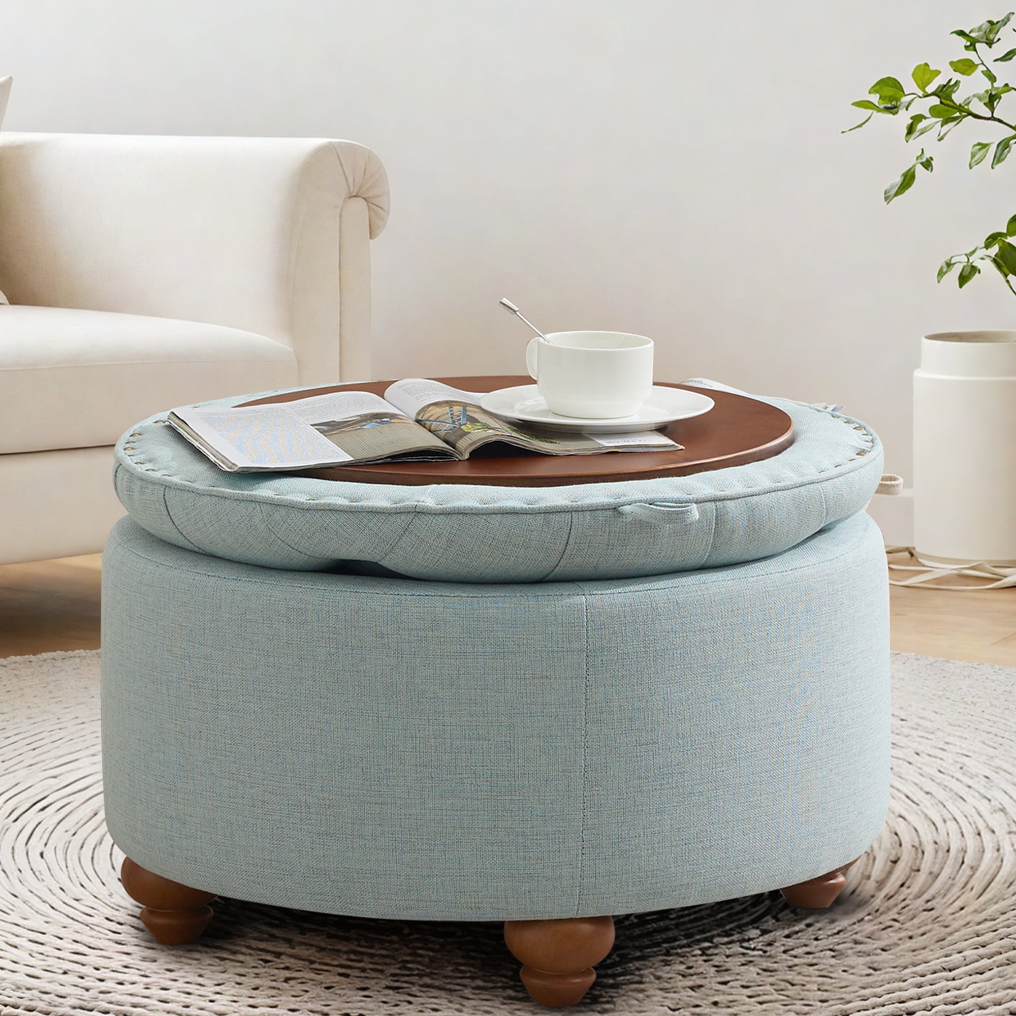 30'' Round Ottoman with Storage, Modern Tufted Fabric Storage Ottoman with Removable Top for Living Room, Bedroom, Light Blue