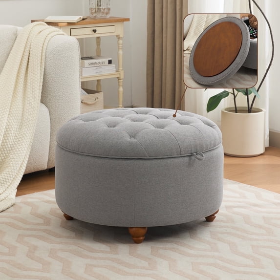 30'' Round Ottoman with Storage, Modern Tufted Fabric Storage Ottoman with Removable Top for Living Room, Bedroom, Light Gray