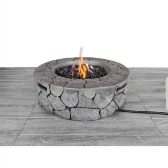 30" Round Outdoor Fire Pit, 40,000 Btu Stone Gray Fiber Concrete Gas Firepit with Push-Button Ignition