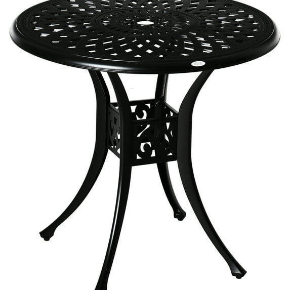 30" Round Patio Table With Umbrella Hole, Cast Aluminum Antique Outdoor Bistro Table, Black. Weather-, Stable Ground Design Option Build, Legs