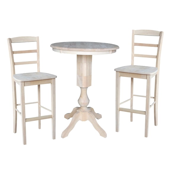 30" Round Pedestal Bar Height Table with 2 Madrid Stools - Unfinished - 3 Piece Set