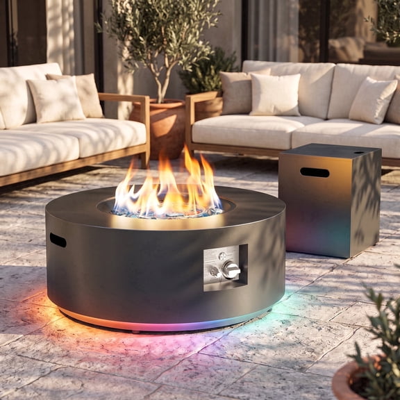 30" Round Propane Fire Pit Table - 50K BTU with Lid, Rocks Tank Storage and Cover