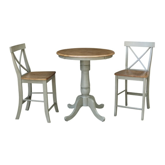 30'' Round Solid Wood Counter Height Pedestal Dining Table with 2 Cross Back Counter Height Stools in Distressed Hickory/Stone