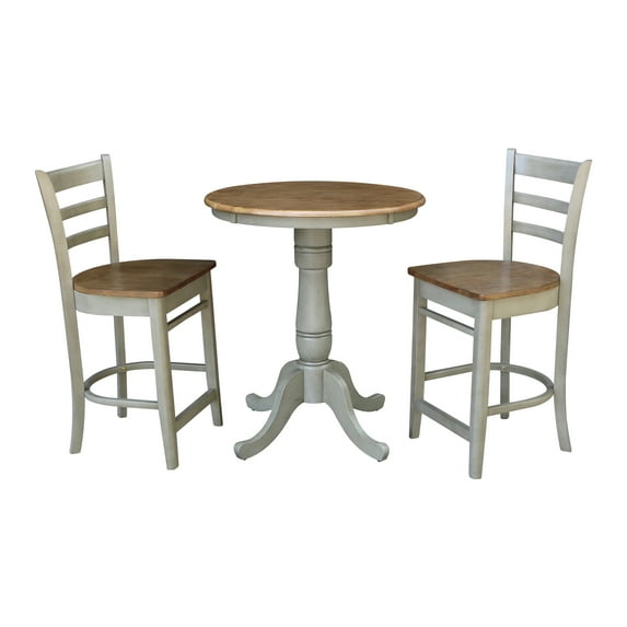 30'' Round Solid Wood Counter Height Pedestal Dining Table with 2 Emily Ladder Back Counter Height Stools in Distressed Hickory/Stone