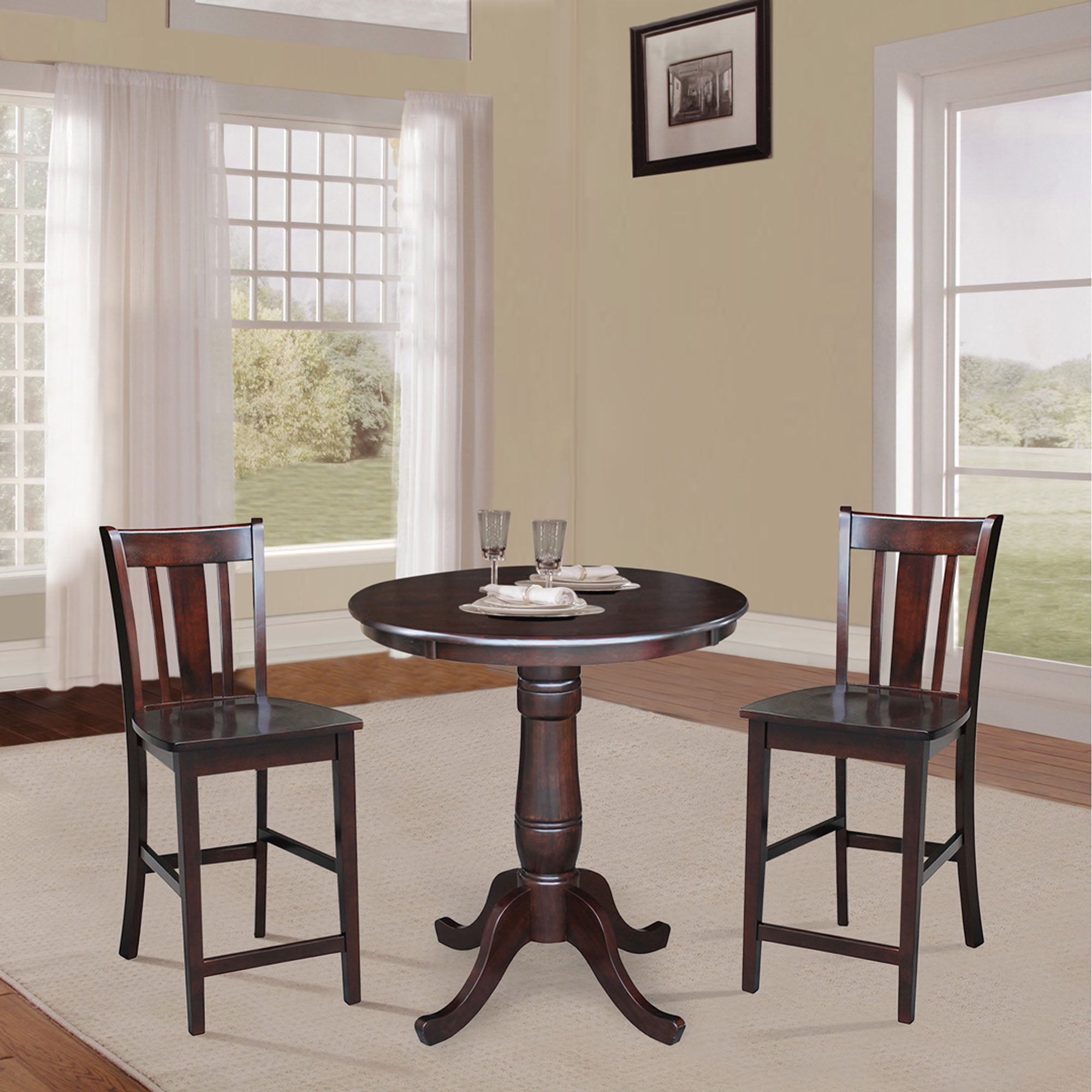 30'' Round Solid Wood Counter Height Pedestal Dining Table with 2 San