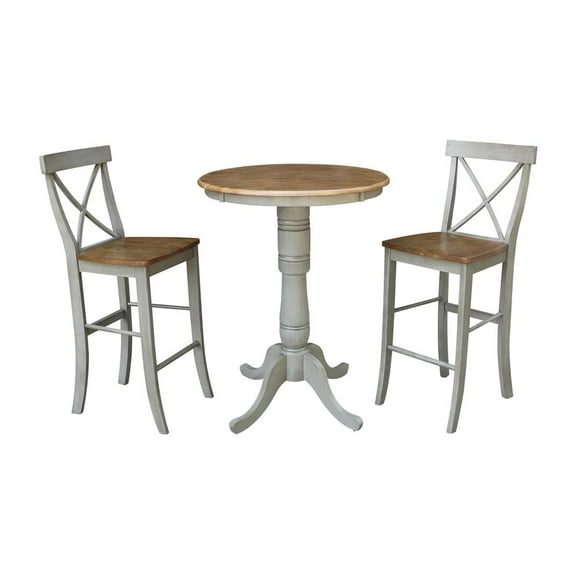 30" Round Solid Wood Distressed Hickory/Stone Bar Height Table With 2 Stools