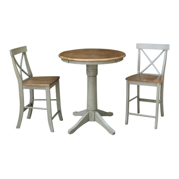 30" Round Solid Wood Distressed Hickory/Stone Table With 2 Stools