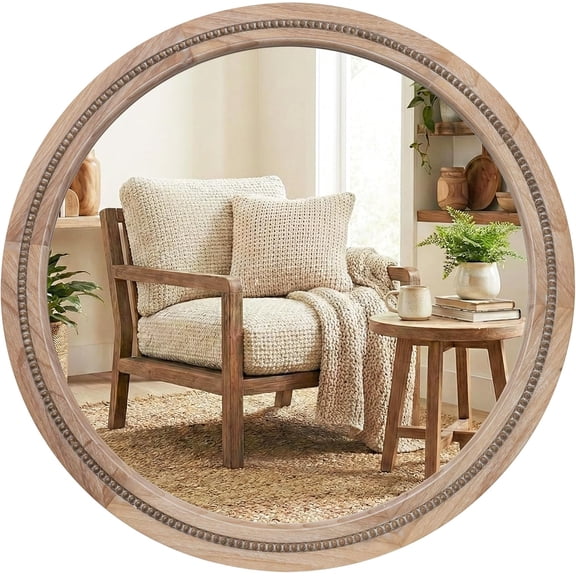30" Round Solid Wood Mirror for Bathroom Vanity, Handcrafted Beaded Circle Wall Mirror - Natural Boho Farmhouse Decor for Entryway & Bedroom