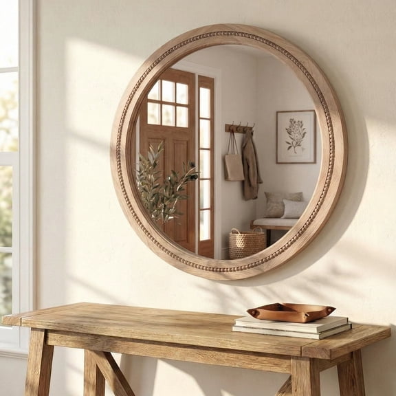 30" Round Solid Wood Mirror for Bathroom Vanity, Handcrafted Beaded Circle Wall Mirror - Natural Boho Farmhouse Decor for Entryway & Bedroom