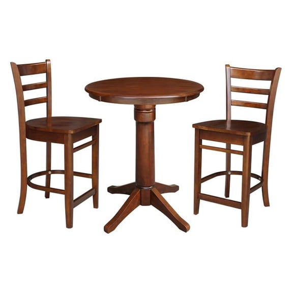 30" Round Solid Wood Pedestal Counter Height Table in Espresso & 2 Stools
