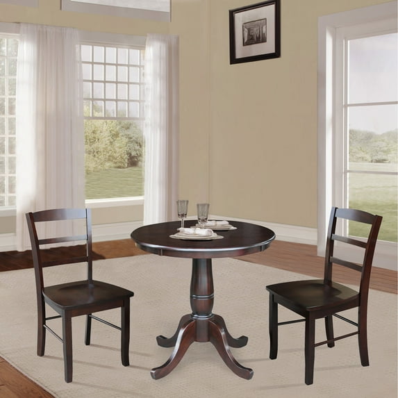 30'' Round Solid Wood Pedestal Dining Table with 2 Madrid Ladder Back Dining Chairs in Rich Mocha