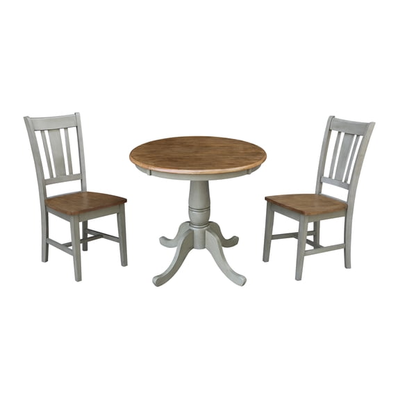 30'' Round Solid Wood Pedestal Dining Table with 2 San Remo Splat Back Dining Chairs in Distressed Hickory/Stone
