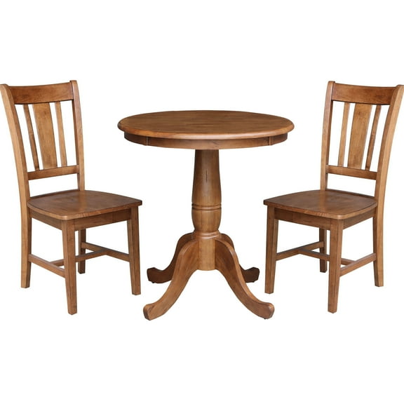 30'' Round Solid Wood Pedestal Dining Table with 2 San Remo Splat Back Dining Chairs in Distressed Oak