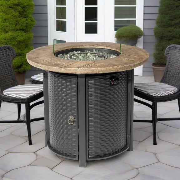 30" Round Steel Propane Fire Pit Table with Faux Wood Grain Finish