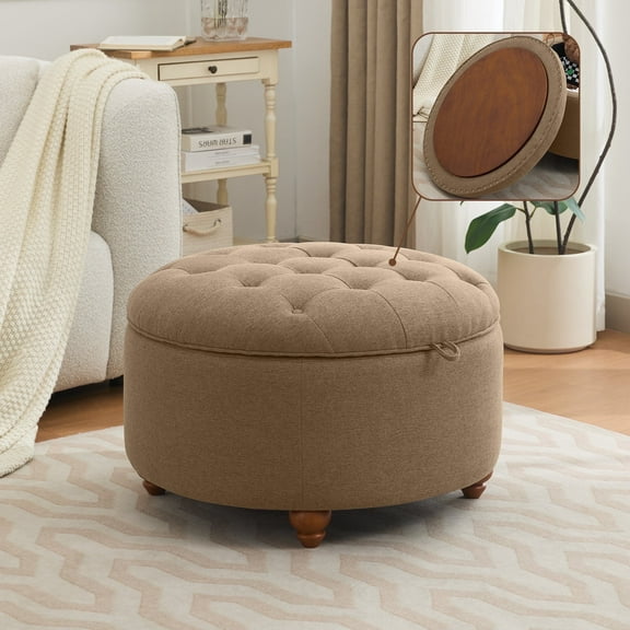 30'' Round Ottoman with Storage, Modern Tufted Fabric Storage Ottoman with Removable Wooden Top for Living Room, Bedroom, Brown