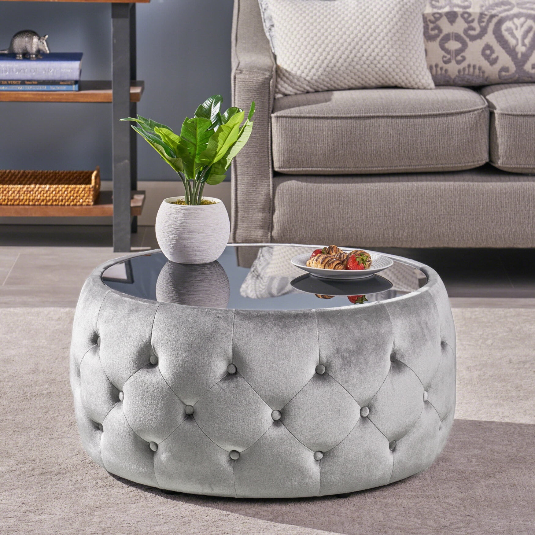 Round velvet ottoman coffee table discount