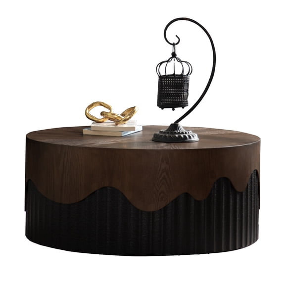 30" Round Wood Coffee Table, Handcraft Drum Fluted Accent Tea Table, Contemporary Center Table with Sturdy Pedestal for Living Room, Walnut