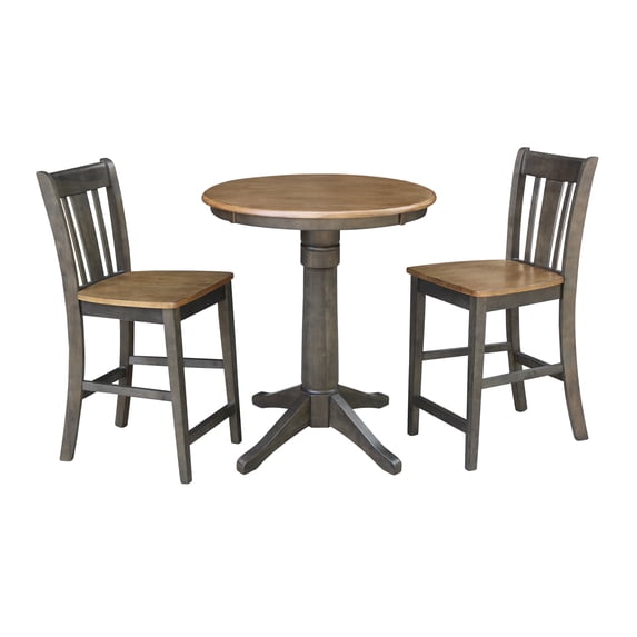 30" Round Wood Counter Height Table With 2 Stools in Hickory/Washed Coal