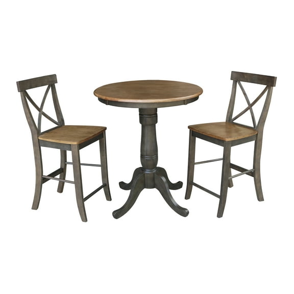 30" Round Wood Counter Height Table With 2 X-back Stools in Hickory/Washed Coal