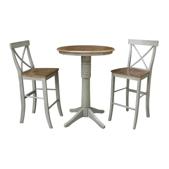 30" Round Wood Distressed Hickory/Stone Bar Table With 2 X-Back Bar Stools