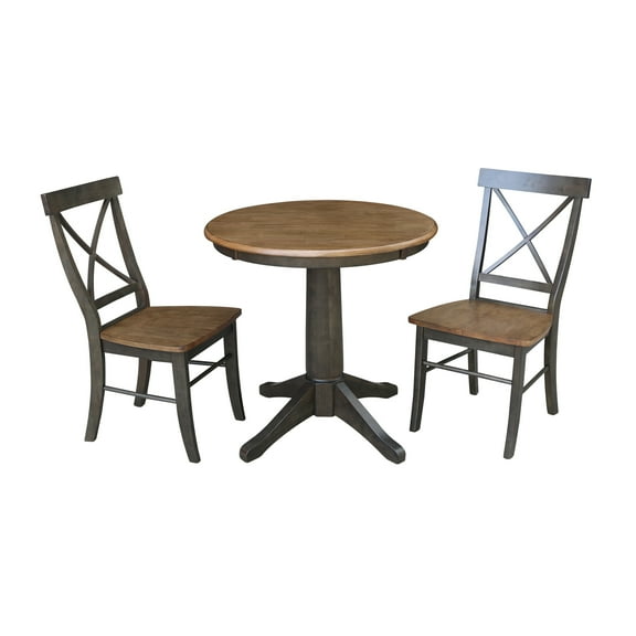 30" Round Wood Table With 2 X-Back Chairs in Hickory/Washed Coal - 3 Piece Set