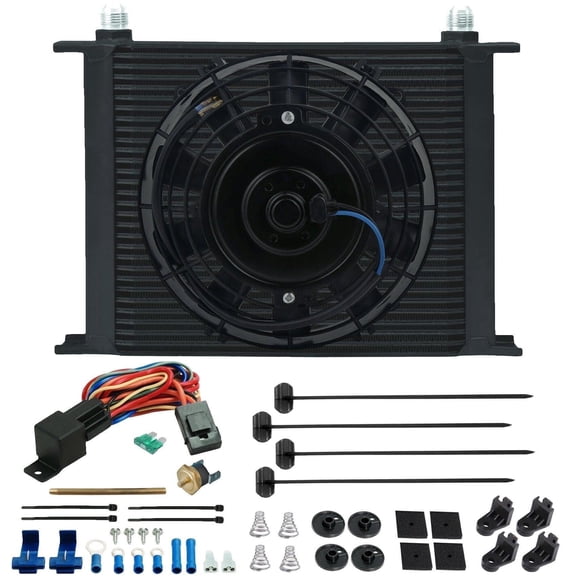 30 Row Transmission Oil Cooler Electric Fan Push-in Fin Probe Thermostat Kit
