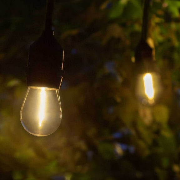 30’ S14 LED Patio Lights, SJTW Black E26 Commercial Watertight Patio Stringer with Suspended Sockets, 15 Warm White Vintage Edison Bulbs, 24” Spacing